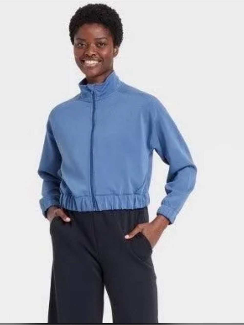 Blue Cropped Zip-Up Jacket | Athleisure Lightweight Super Soft Bomber